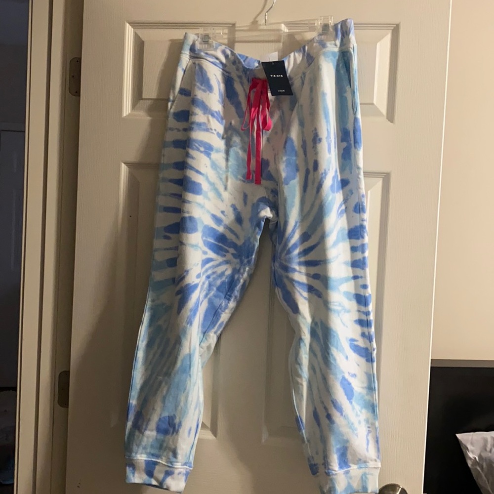 J. Crew Blue & White Tie-Dye Track Pants with Pink Drawstring